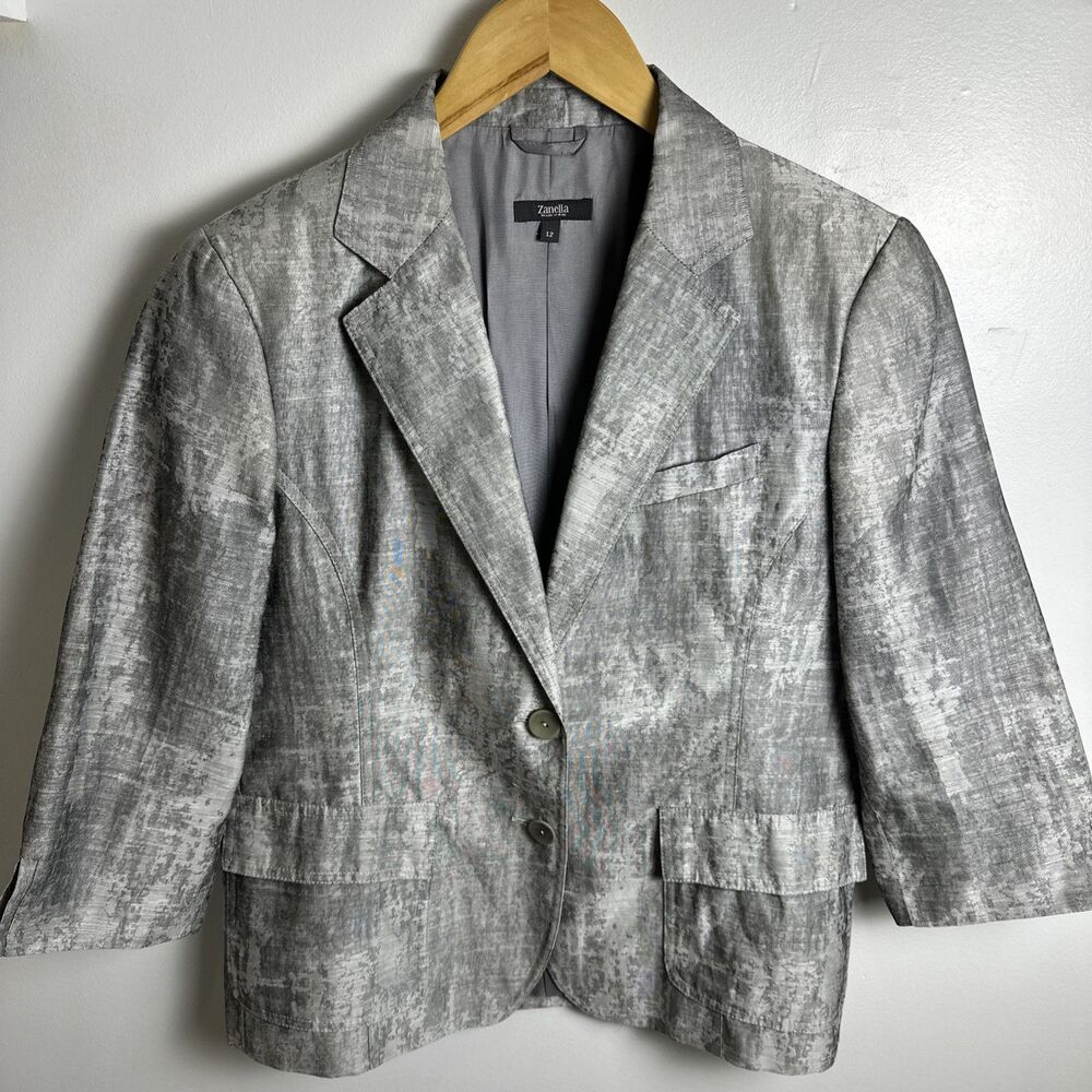 Vintage Zanella Two Button Silver Grey Blazer 3/4 Sleeve Made in Italy Size 12